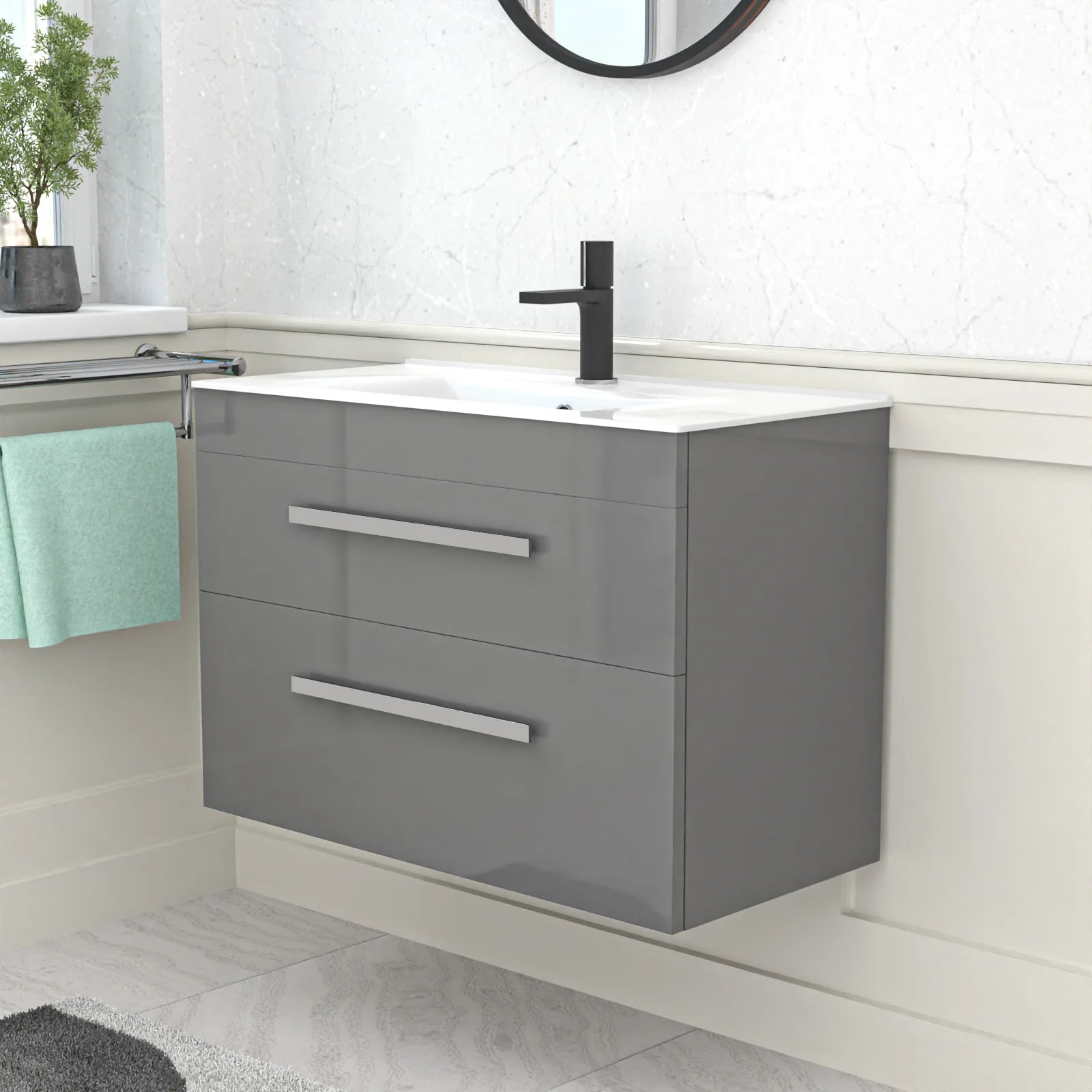 Nanuya 800mm Grey Wall Hung 2 Drawers Slim Basin Vanity Unit