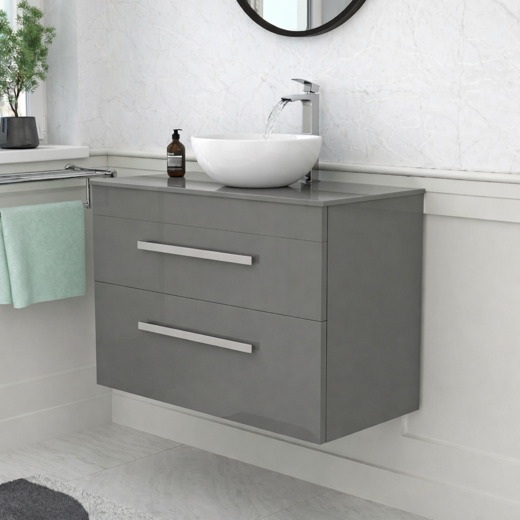Nanuya 800mm Steel Grey Wall Hung 2 Drawer Vanity Unit with 320mm White Round Countertop Basin Set