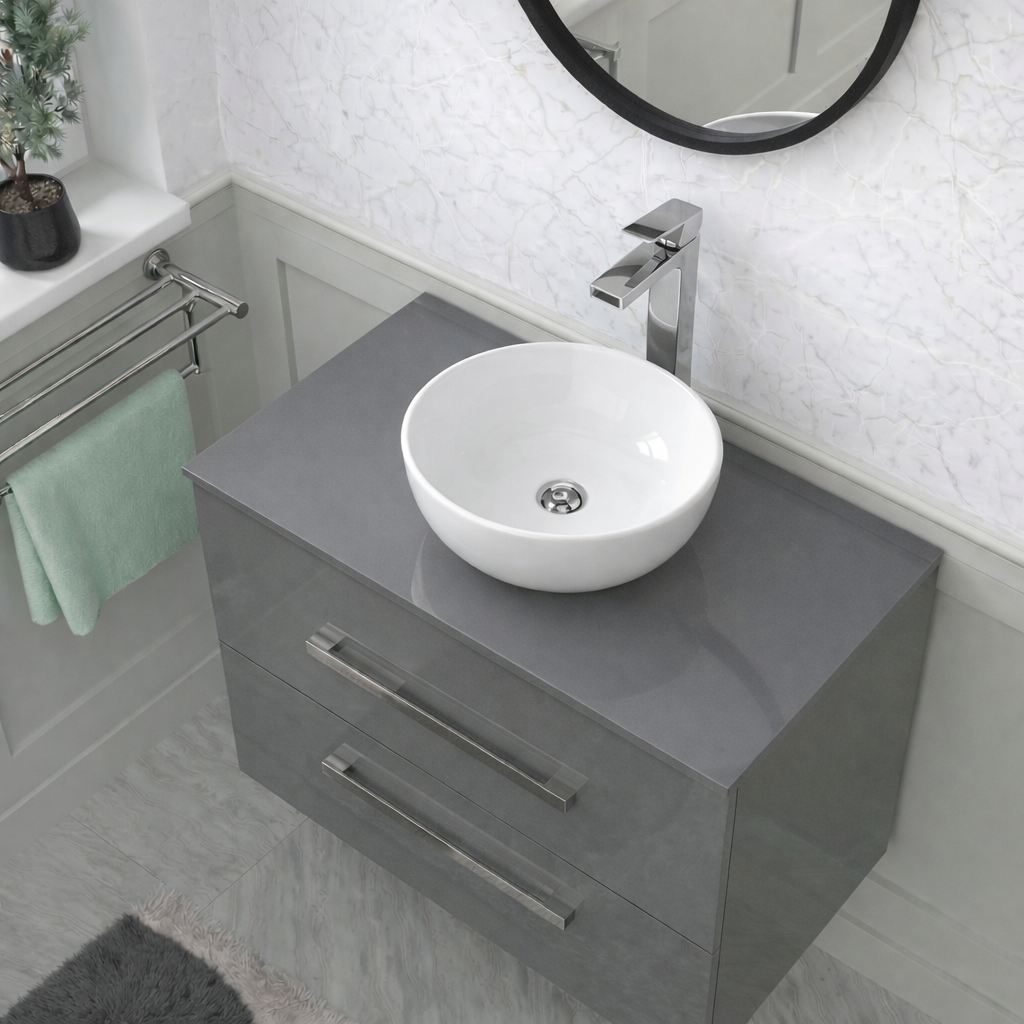 Nanuya 800mm Steel Grey Wall Hung 2 Drawer Vanity Unit with 320mm White Round Countertop Basin Set