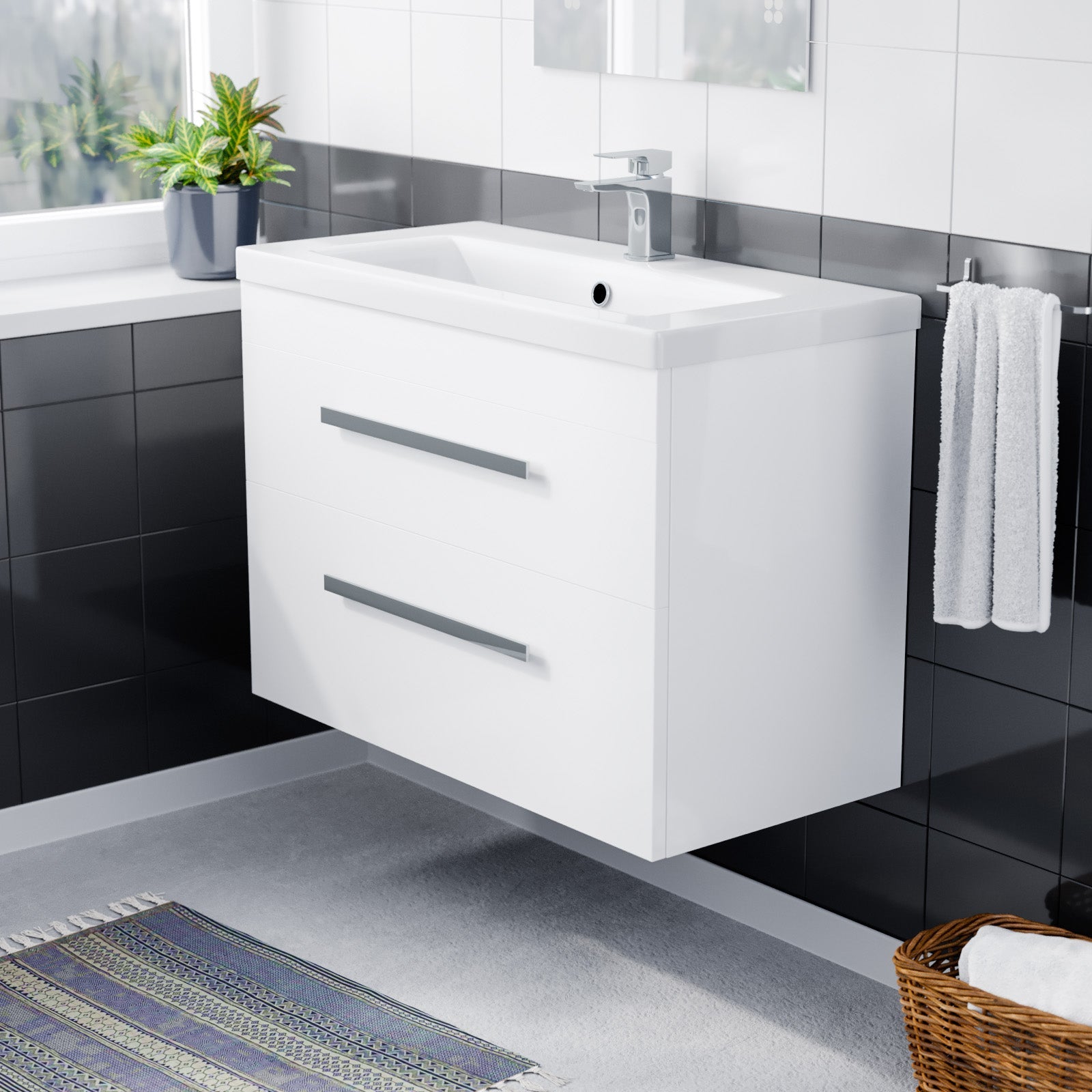 Nanuya 800mm Gloss White Wall Hung 2 Drawer Vanity Cabinet & Ceramic Basin Sink