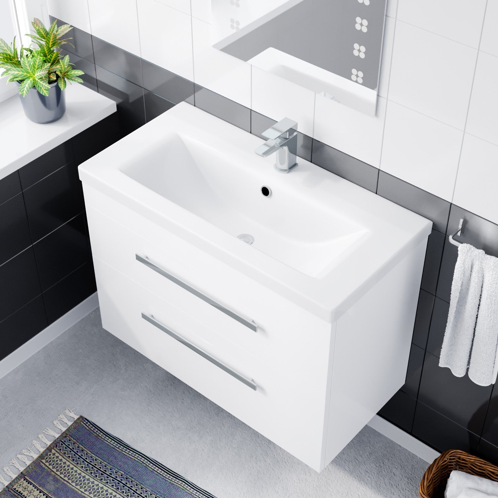 Nanuya 800mm Gloss White Wall Hung 2 Drawer Vanity Cabinet & Ceramic Basin Sink