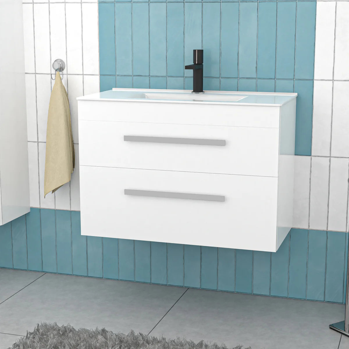 Nanuya 800mm White Wall Hung 2 Drawers Slim Basin Vanity Unit