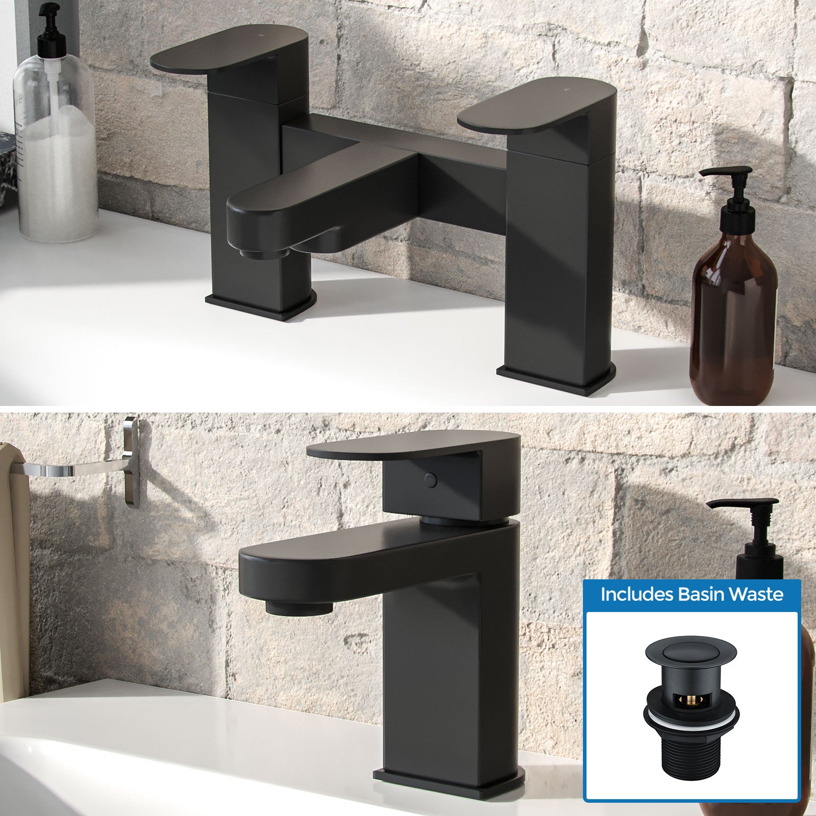 Eclipse Contemporary Design Set Of Matte Black Bathroom Basin Single Lever Tap And Bath Filler & Waste