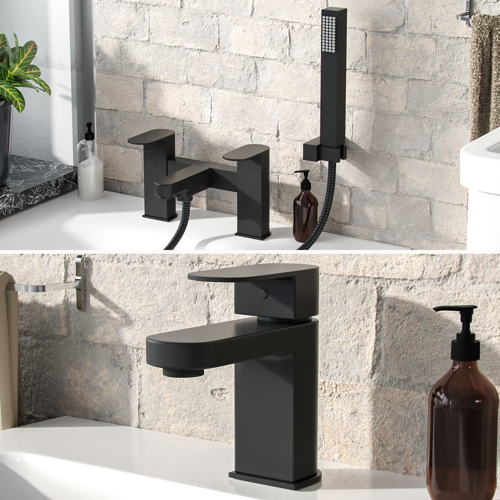 Eclipse Contemporary Basin Matte Black Single Lever Mixer Tap And Bath Shower Mixer With Handset Kit & Waste