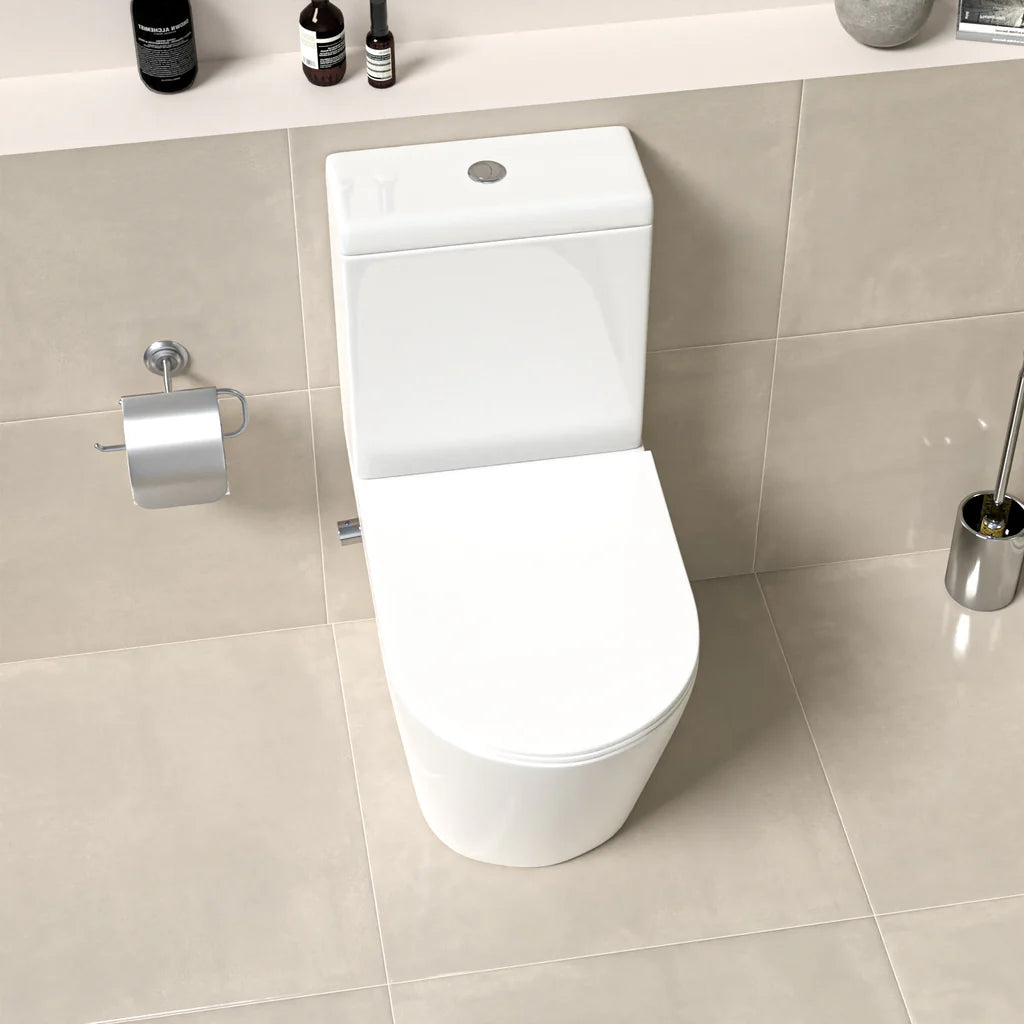 Round Rimless Close Coupled Toilet With Integrated Hot Cold Bidet Valve