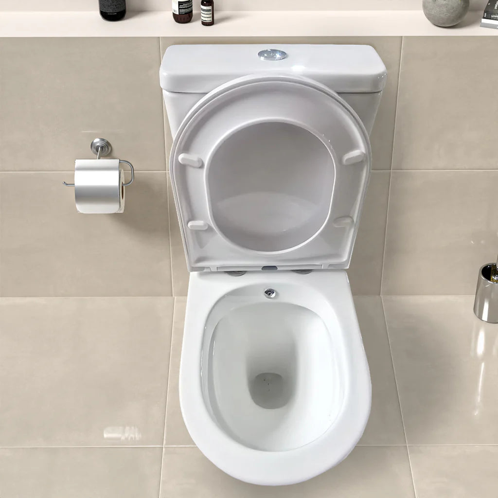 Round Rimless Close Coupled Toilet With Integrated Hot Cold Bidet Valve