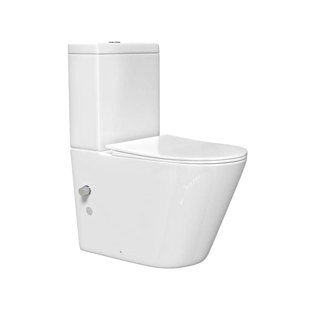 Round Rimless Close Coupled Toilet With Integrated Hot Cold Bidet Valve