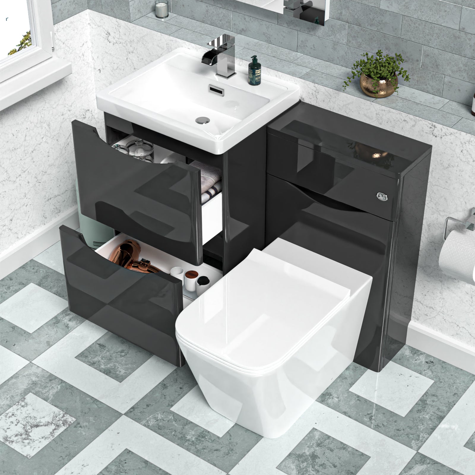 Bathroom setup with black vanity unit, white sink, and toilet on a tiled floor.