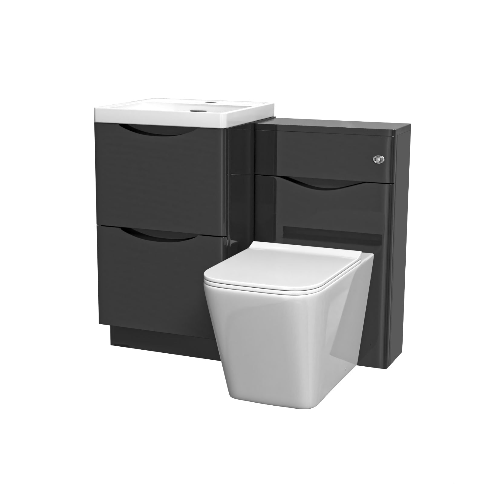 Bathroom vanity unit with black cabinets and white toilet on a white background