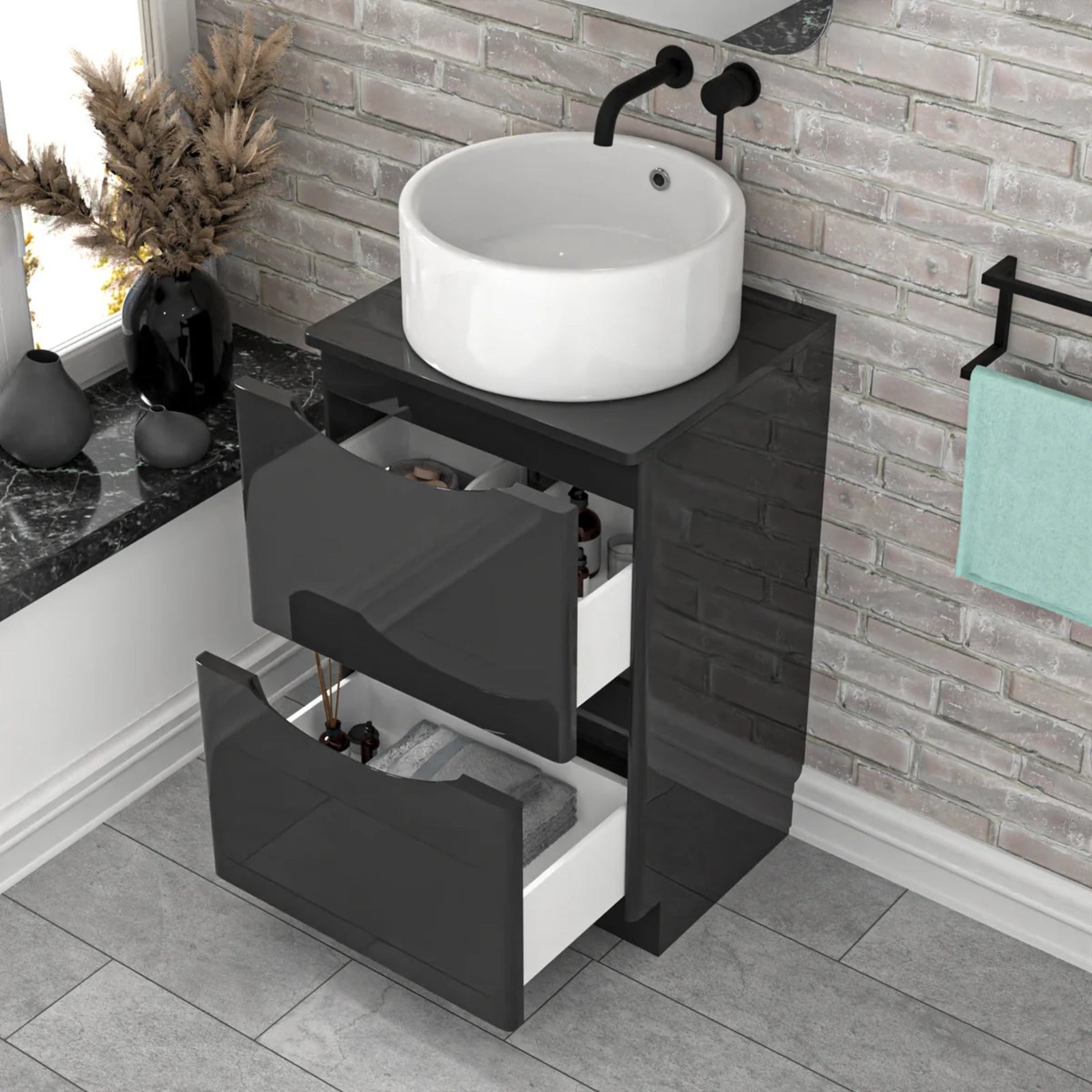 500mm Anthracite Freestanding Vanity With Worktop and 420mm Round Basin