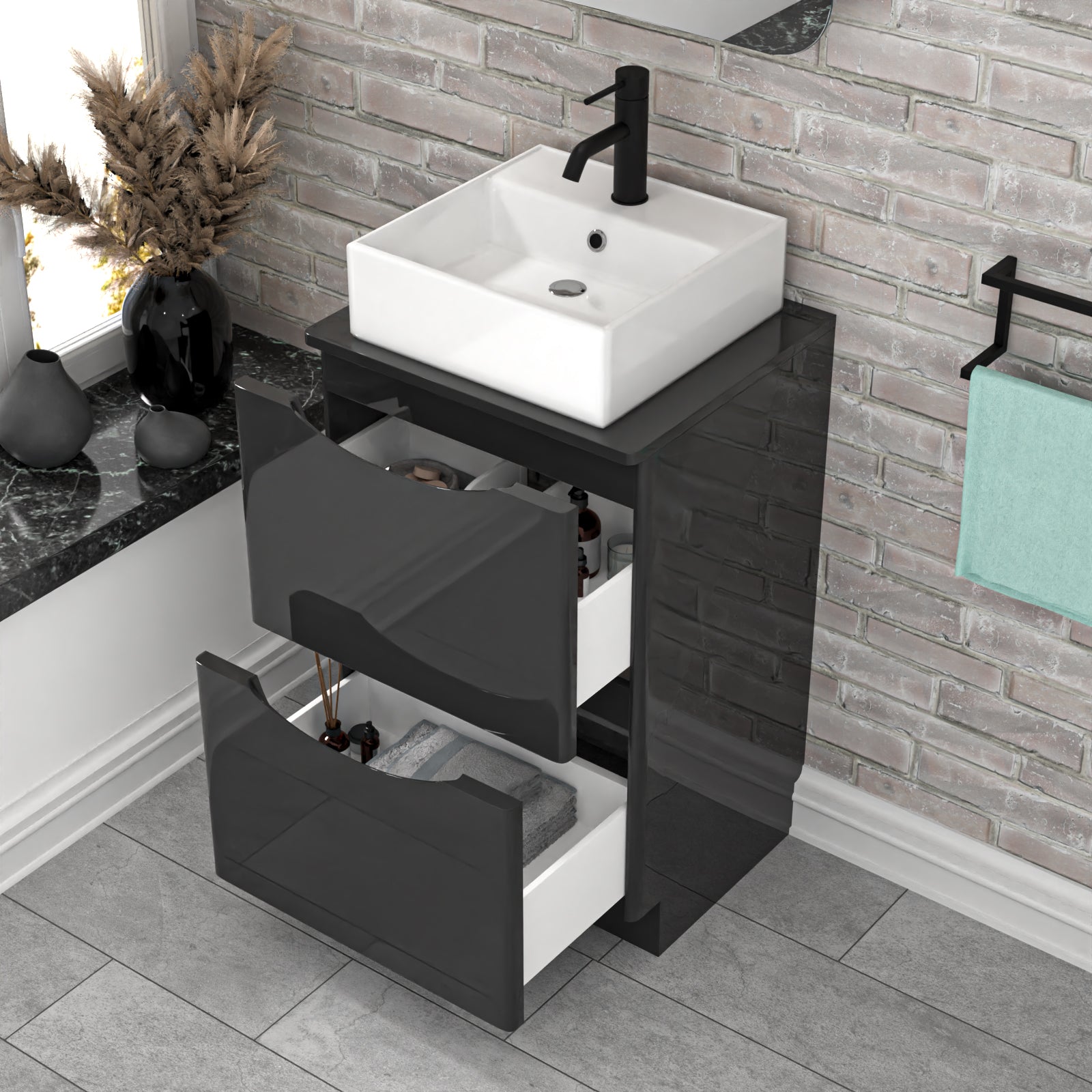 Merton 500mm Dark Grey Bathroom 2 Drawers Vanity & Worktop With Square Basin