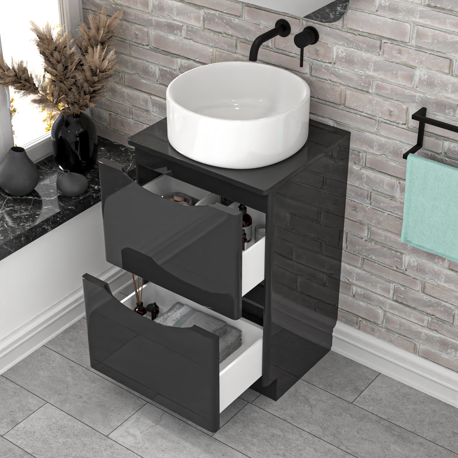 Merton 500mm Dark Grey Freestanding Drawers Vanity & Worktop With Round Basin