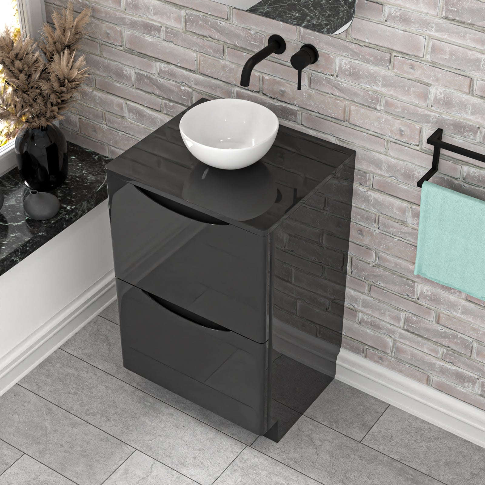 Merton Dark Grey 500mm Bathroom Freestanding Vanity Unit Round Ceramic Basin