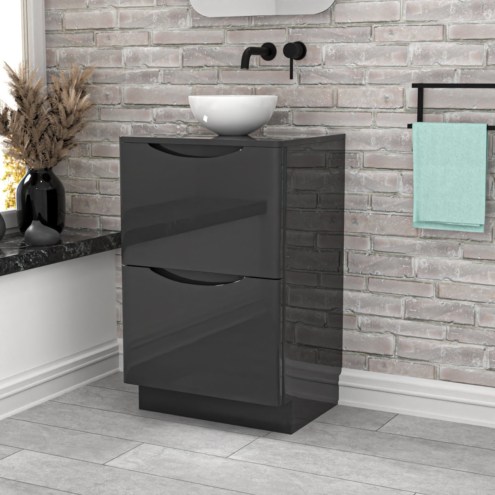Merton Dark Grey 500mm Bathroom Freestanding Vanity Unit Round Ceramic Basin
