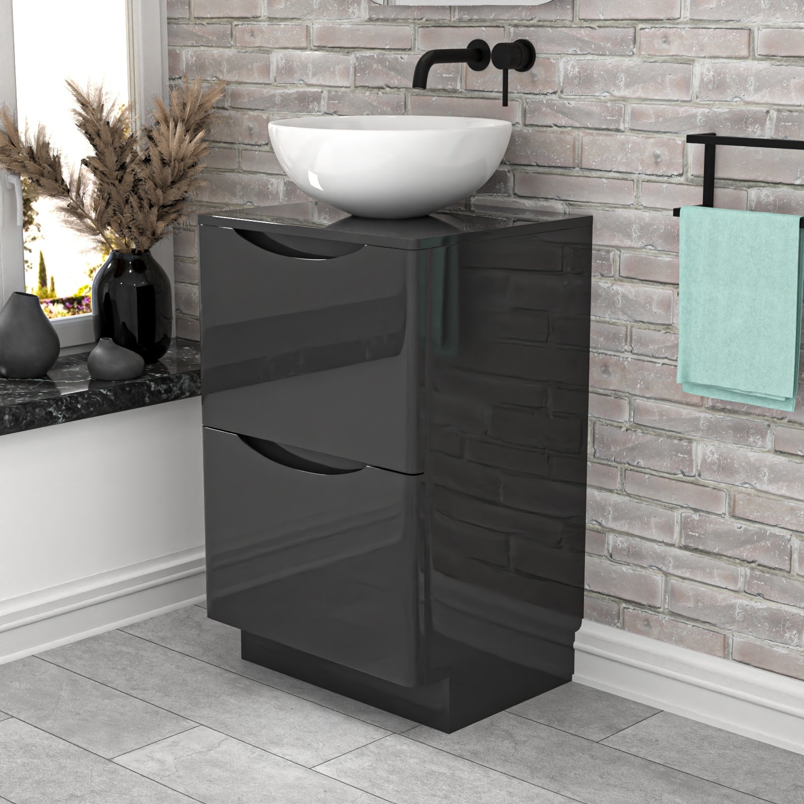 Merton Dark Grey 500mm Freestanding Vanity Round Ceramic Countertop Basin