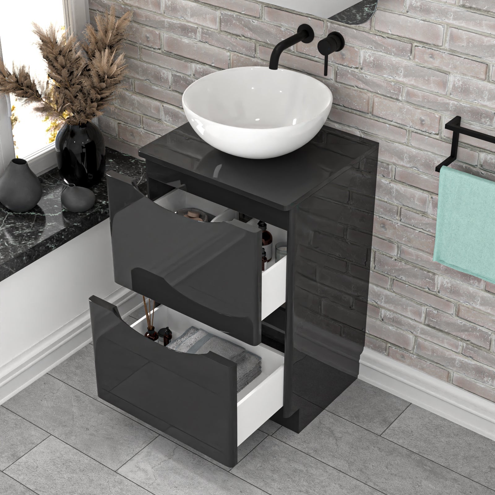 Merton Dark Grey 500mm Freestanding Vanity Round Ceramic Countertop Basin