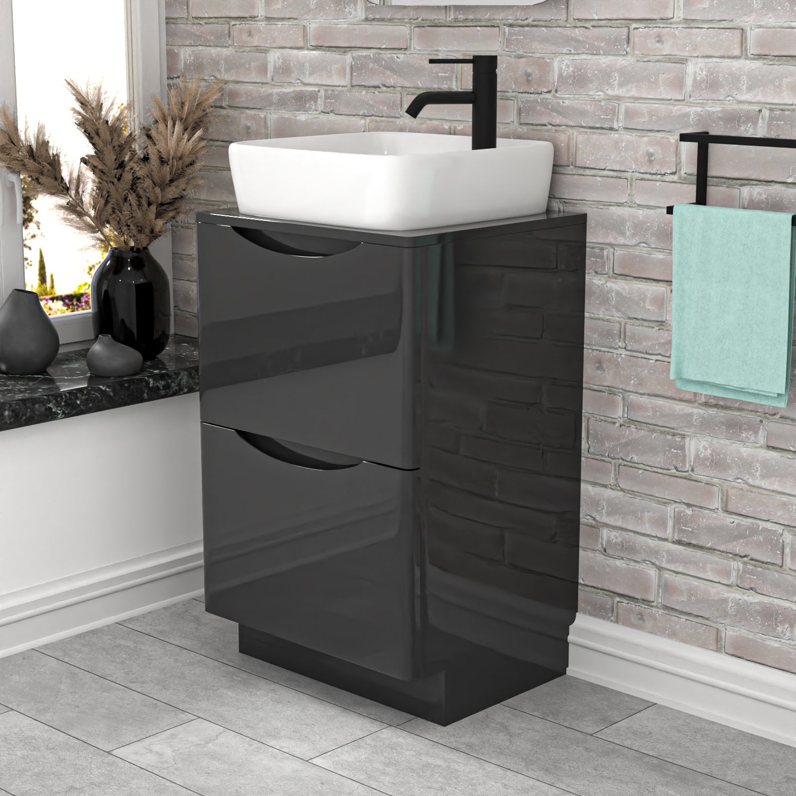 Merton 500mm Dark Grey Drawers Vanity, Worktop & Square Rounded Corner Basin