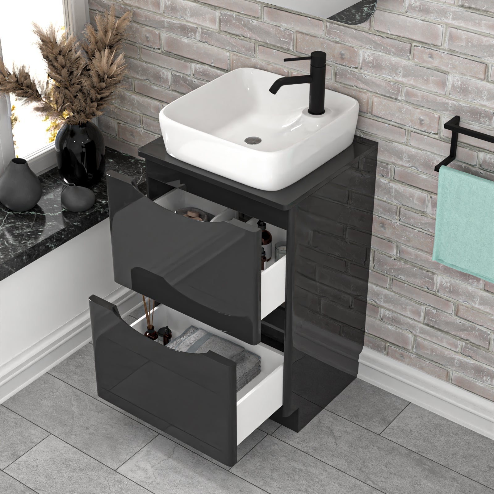 Merton 500mm Dark Grey Drawers Vanity, Worktop & Square Rounded Corner Basin