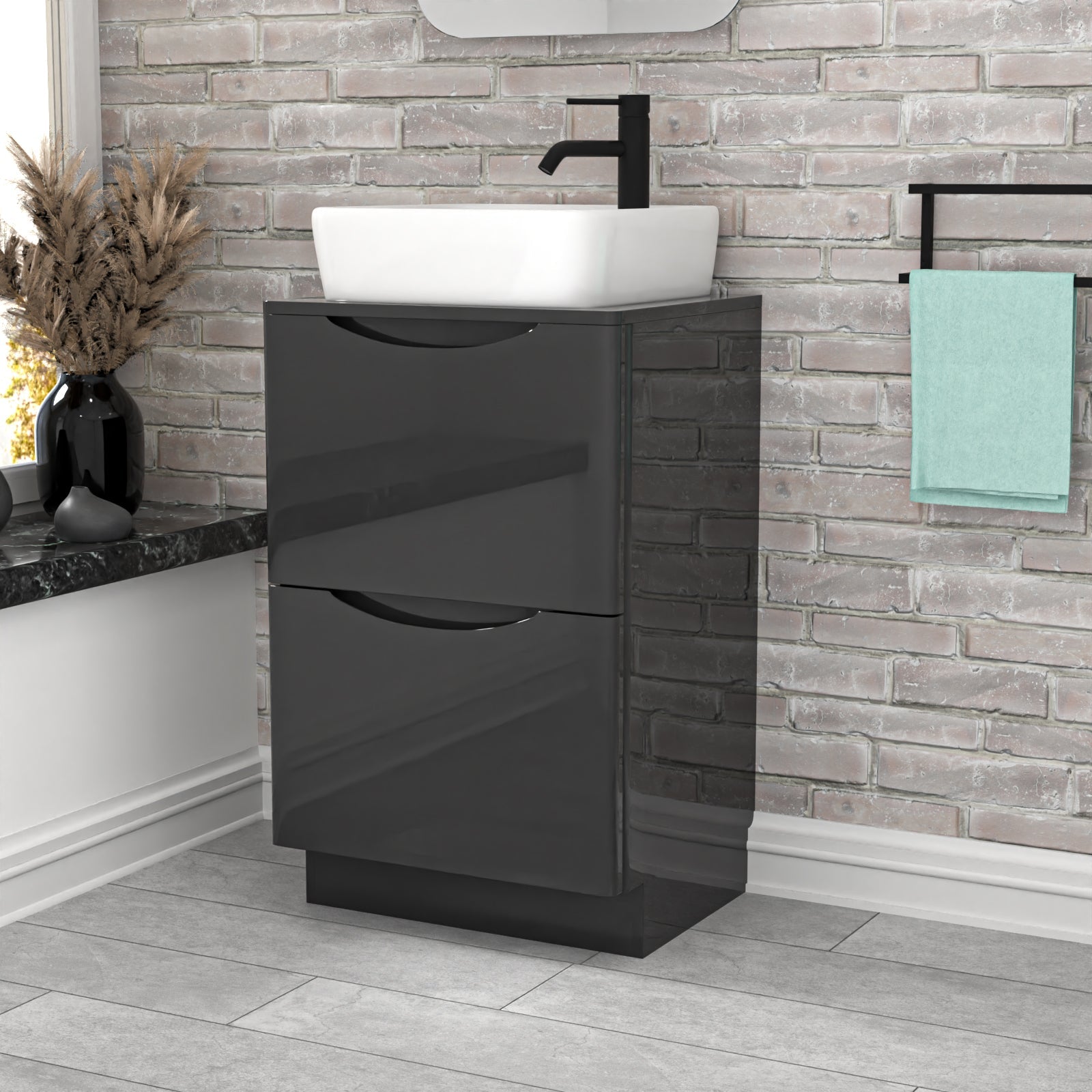 Merton 500mm Dark Grey Drawers Vanity, Worktop & Square Rounded Corner Basin