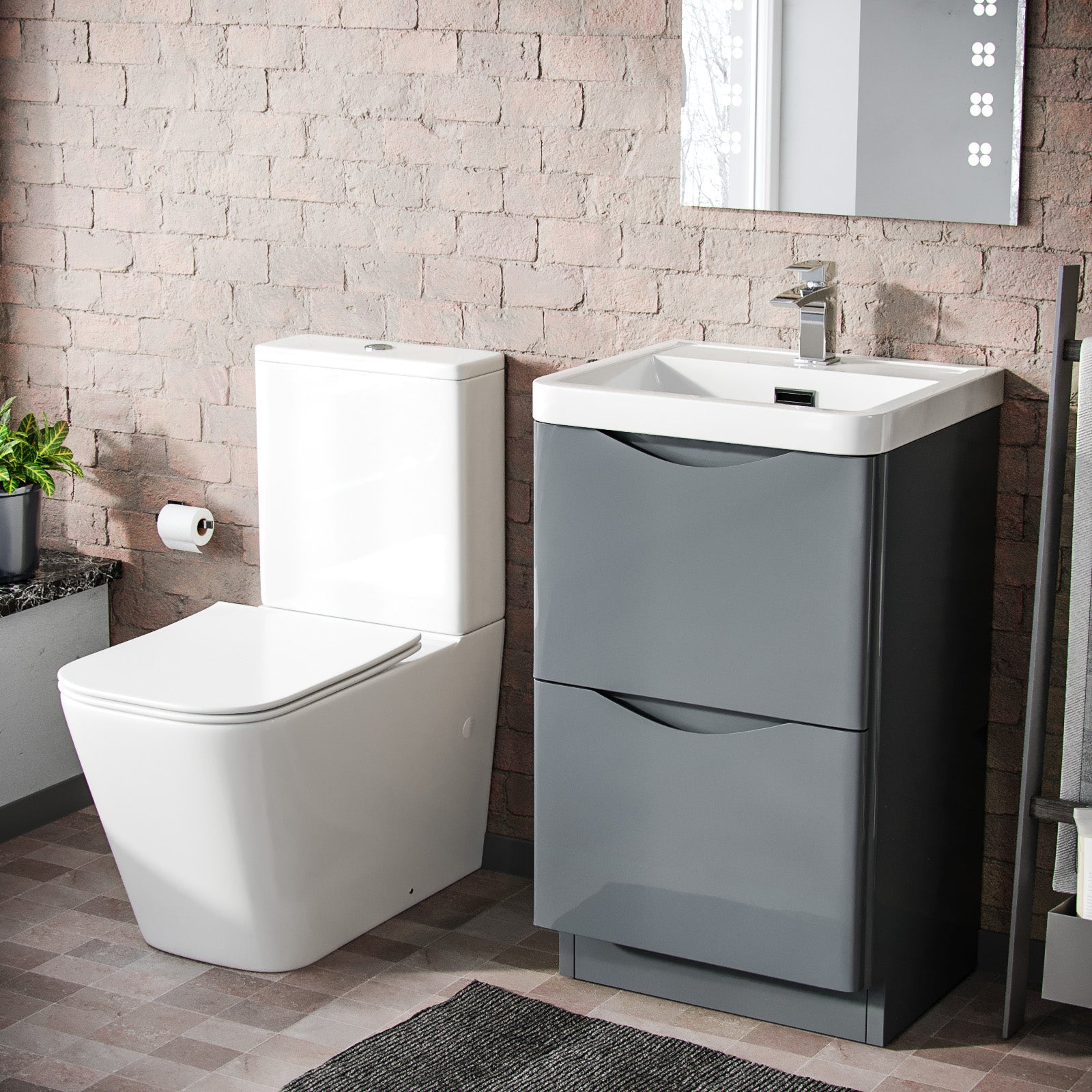 Merton 500mm Freestanding Vanity Basin Unit & Square Rimless Close Coupled Toilet Grey