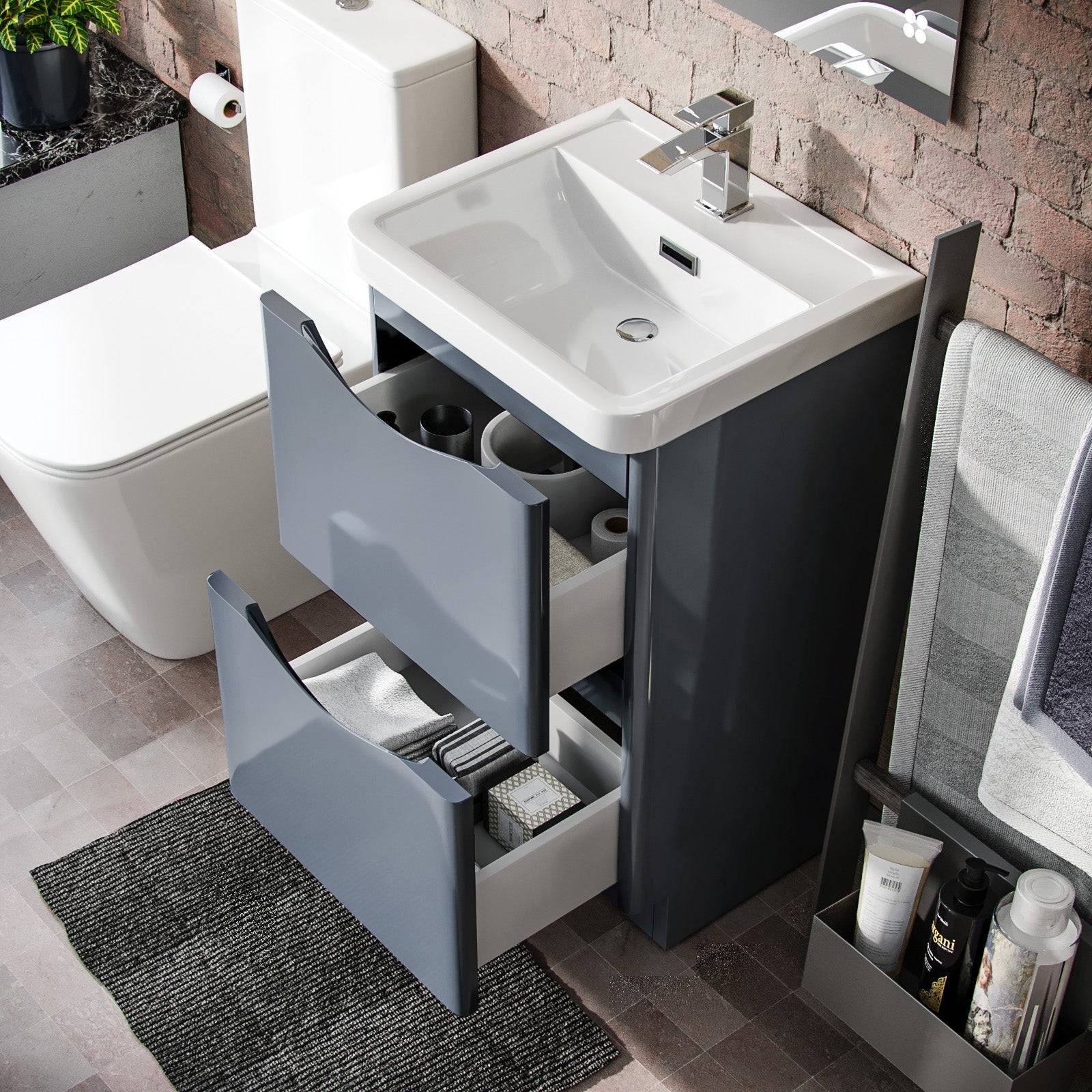 Merton Grey 500mm Freestanding Vanity Basin Unit & Square Rimless Close Coupled Toilet