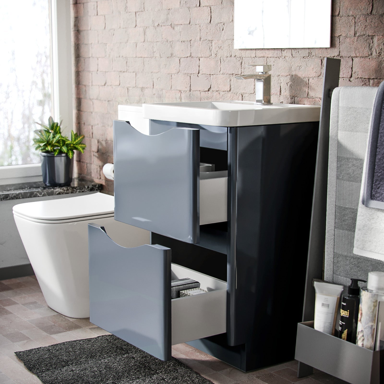 Merton Grey 500mm Freestanding Vanity Basin Unit & Square Rimless Close Coupled Toilet
