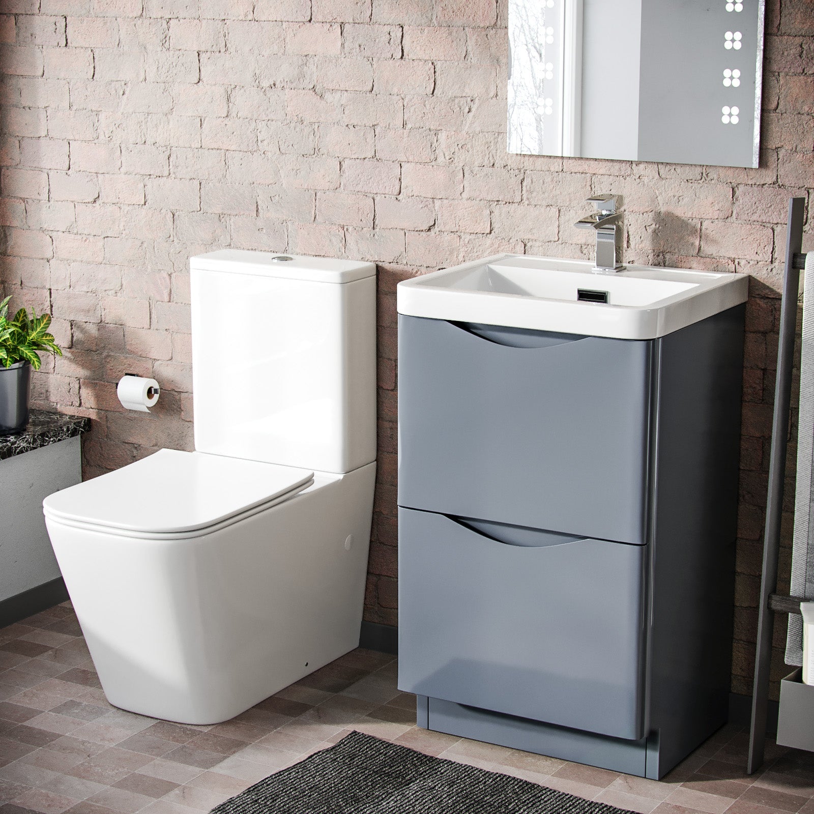 Merton Grey 500mm Freestanding Vanity Basin Unit & Square Rimless Close Coupled Toilet