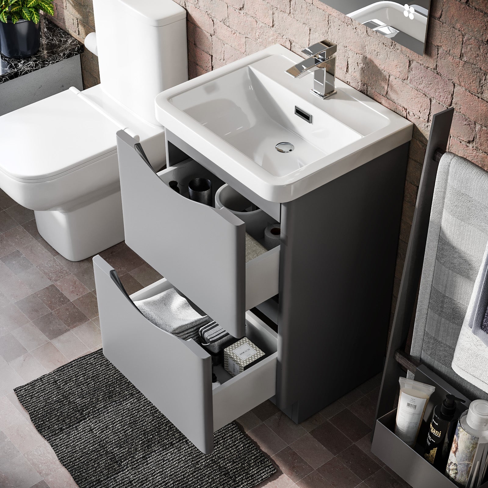 Merton Matte Grey 500mm 2 Drawer Freestanding Vanity Basin Cabinet Bathroom