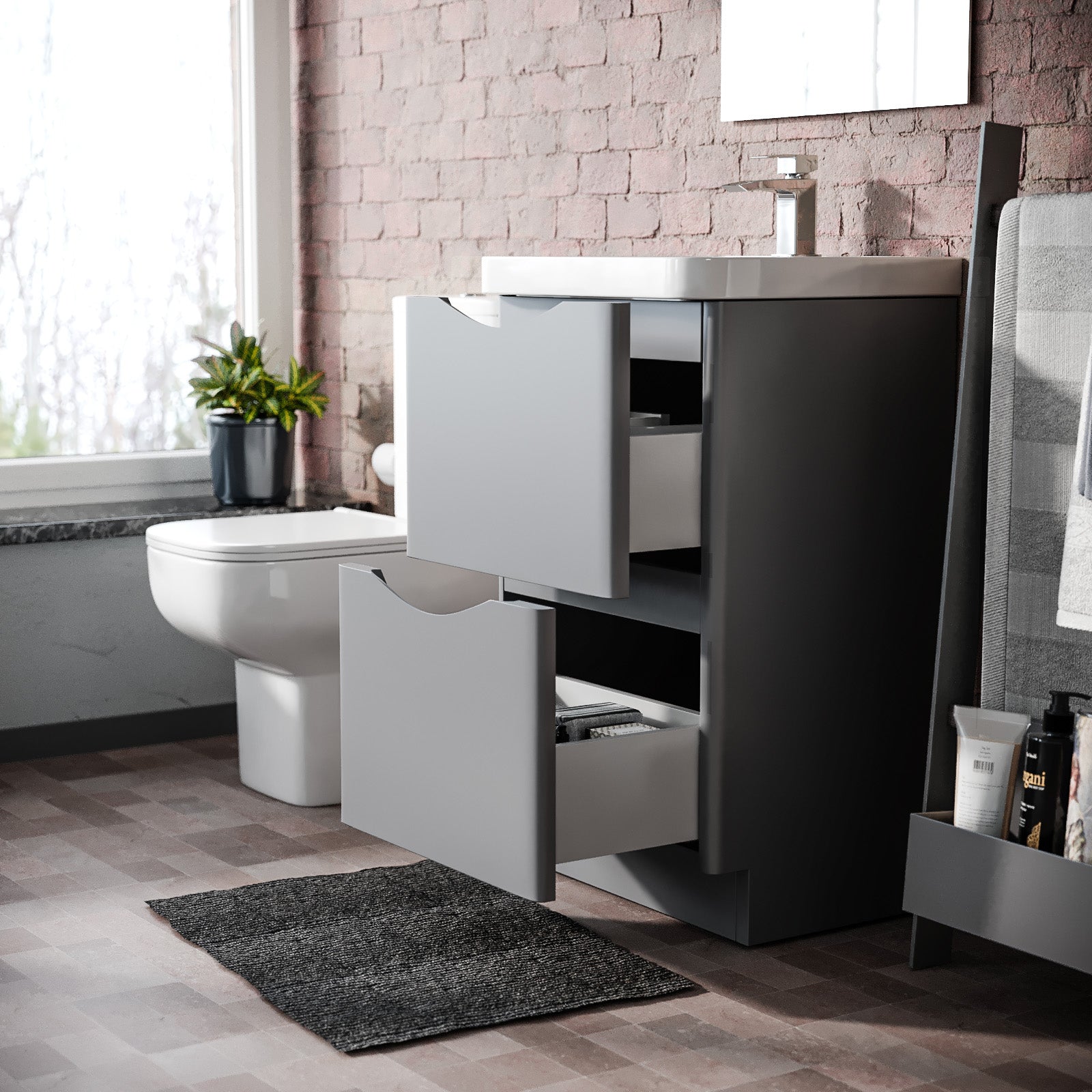 Merton Matte Grey 500mm 2 Drawer Freestanding Vanity Basin Cabinet Bathroom