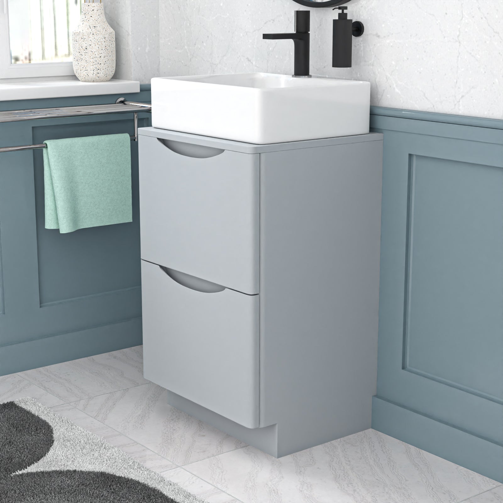 Merton 500mm Matte Grey Bathroom Vanity Unit, Worktop With Square Bowl Basin