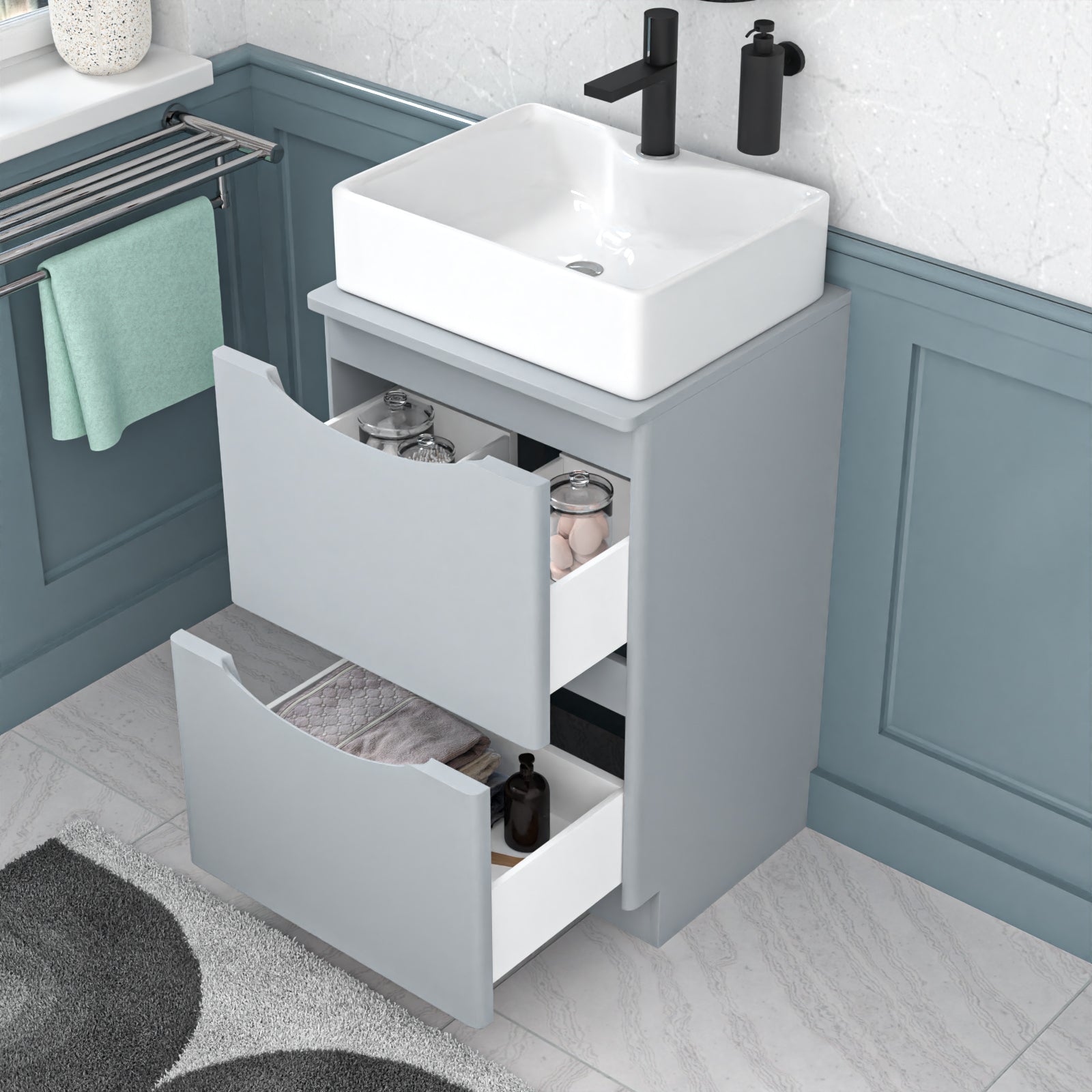 Merton 500mm Matte Grey Bathroom Vanity Unit, Worktop With Square Bowl Basin