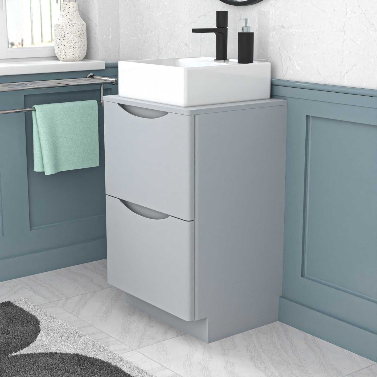 Merton 500mm Matte Grey Bathroom 2 Drawers Vanity & Worktop With Square Basin