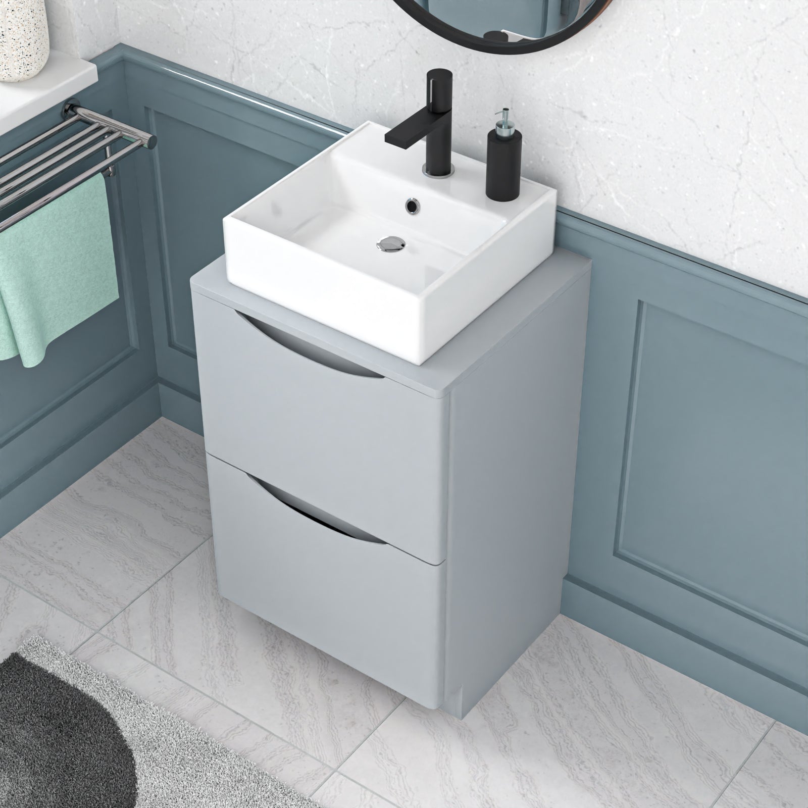 Merton 500mm Matte Grey Bathroom 2 Drawers Vanity & Worktop With Square Basin