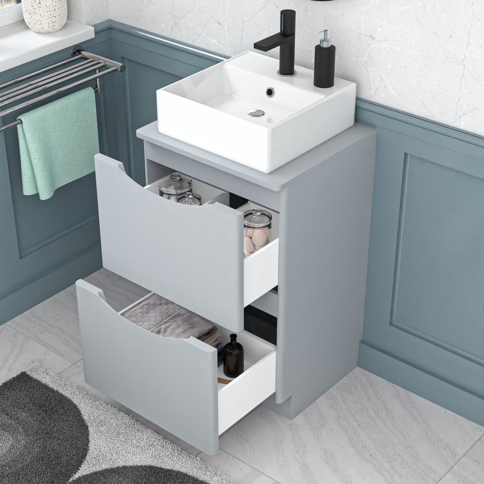 Merton 500mm Matte Grey Bathroom 2 Drawers Vanity & Worktop With Square Basin