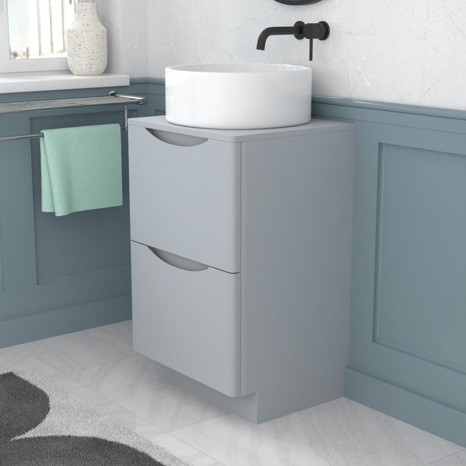 Merton 500mm Matte Grey Freestanding 2 Drawers Vanity & Worktop With Round Basin