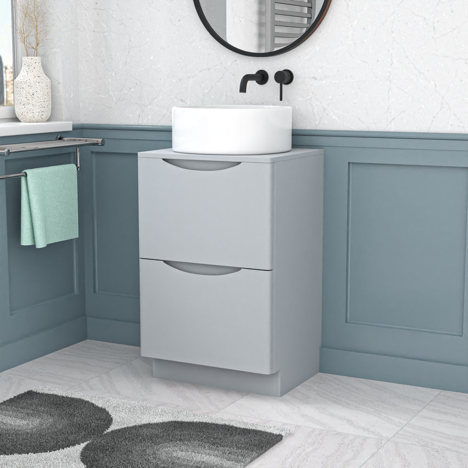Merton 500mm Matte Grey Freestanding 2 Drawers Vanity & Worktop With Round Basin