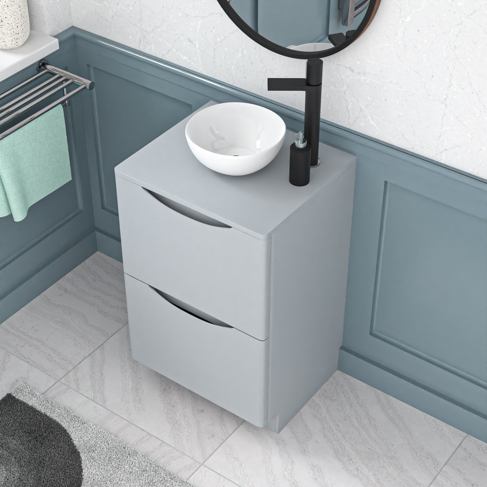 Merton Matte Grey 500mm Bathroom Freestanding Vanity Unit Round Ceramic Basin
