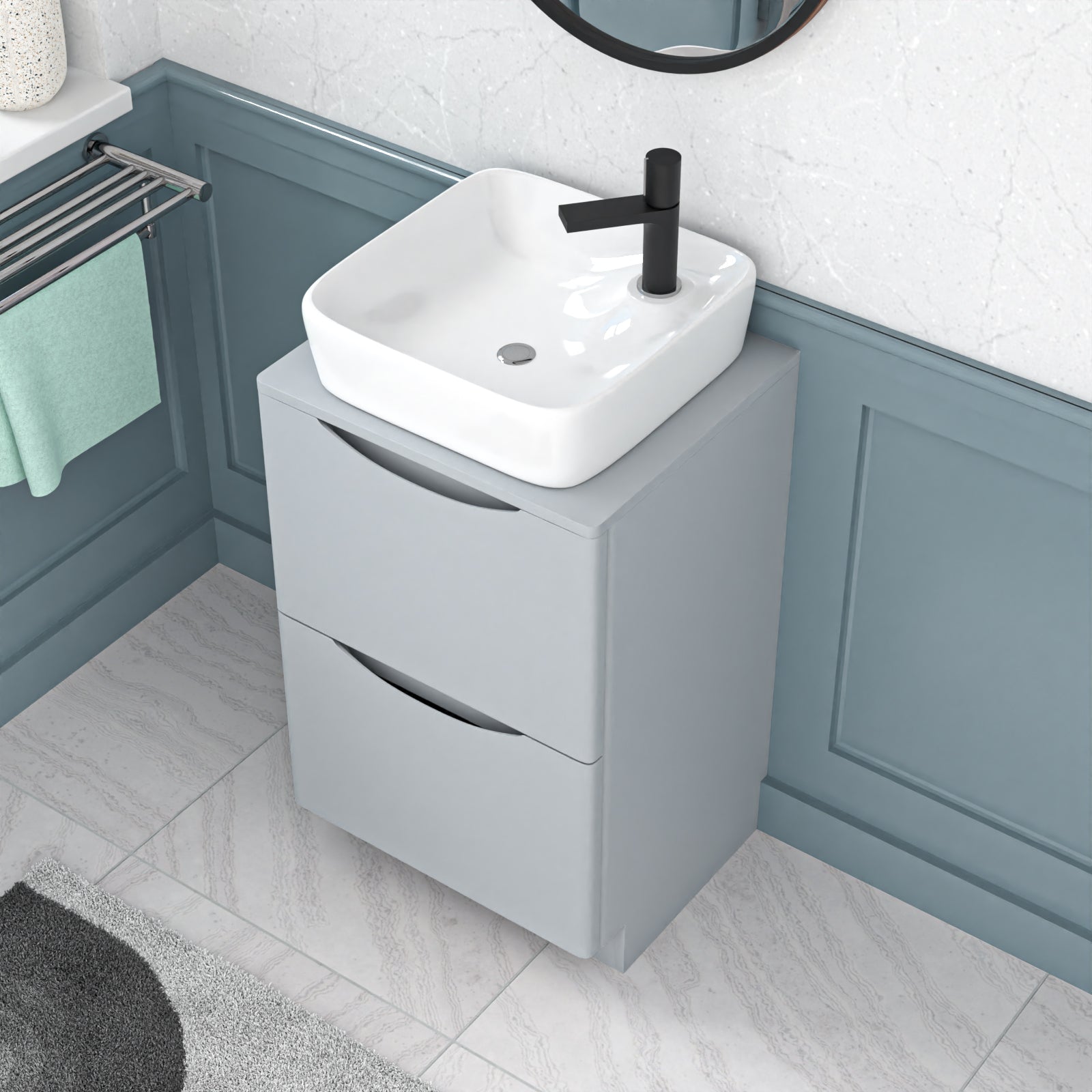 Merton 500mm Matte Grey Drawers Vanity, Worktop & Square Rounded Corner Basin