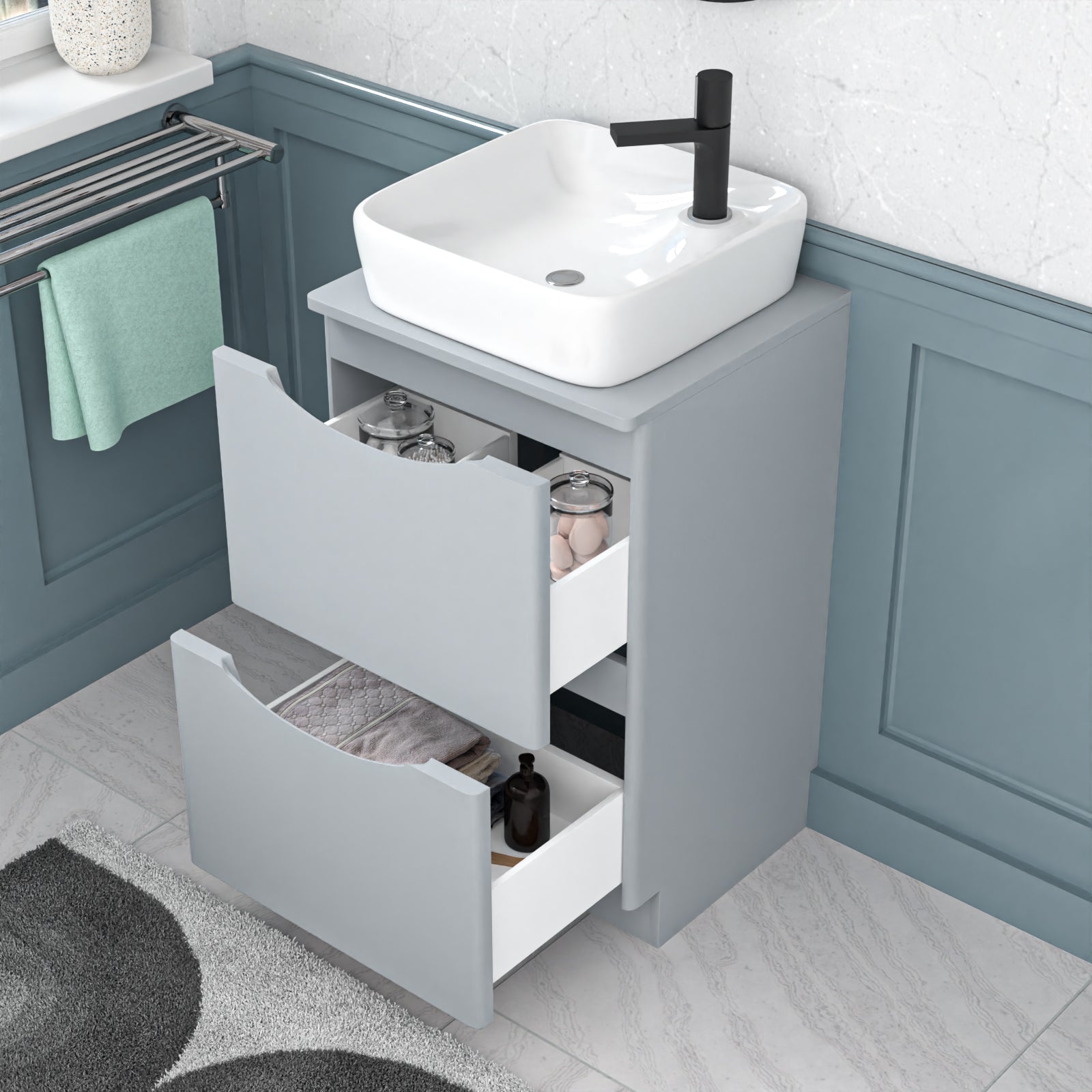 Merton 500mm Matte Grey Drawers Vanity, Worktop & Square Rounded Corner Basin