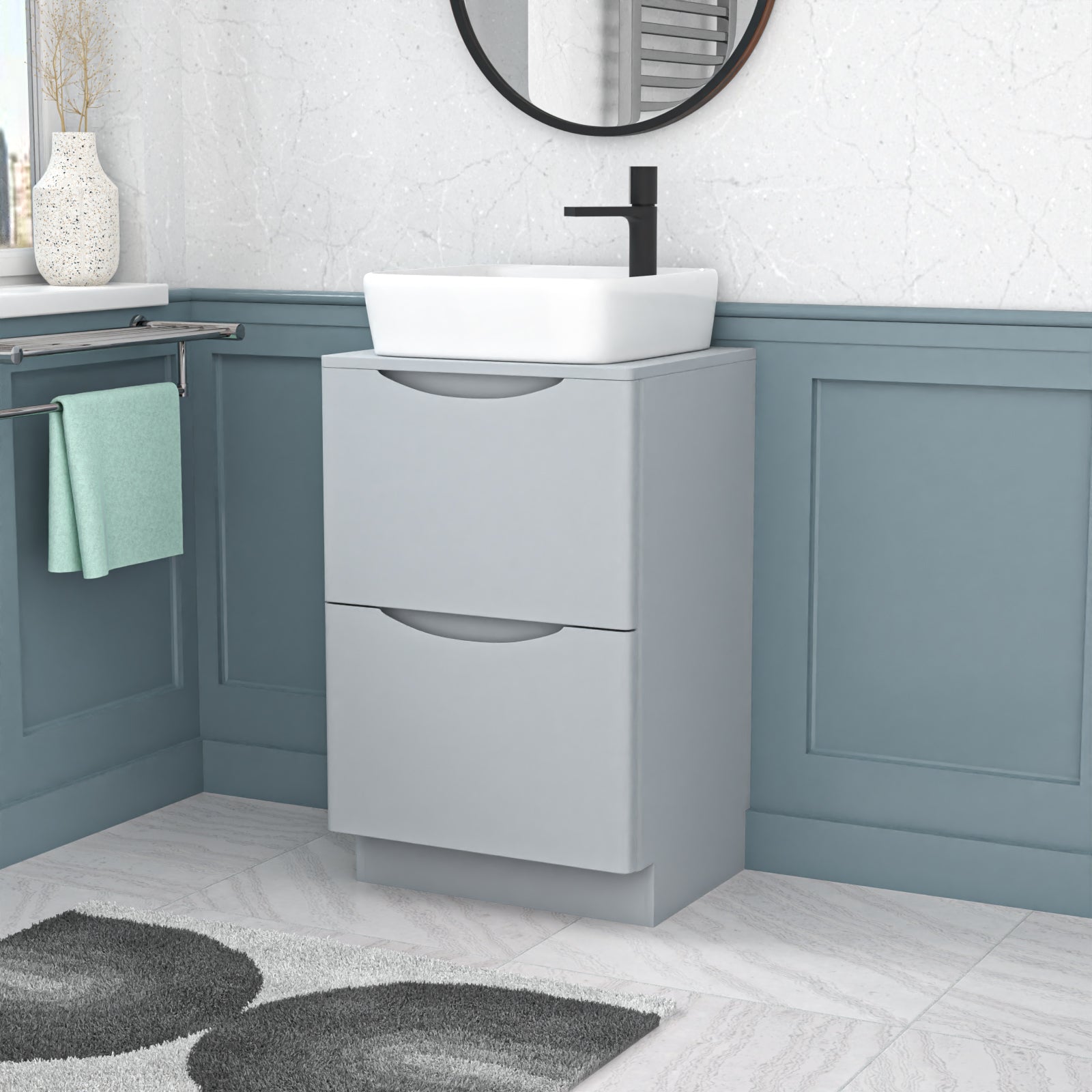 Merton 500mm Matte Grey Drawers Vanity, Worktop & Square Rounded Corner Basin