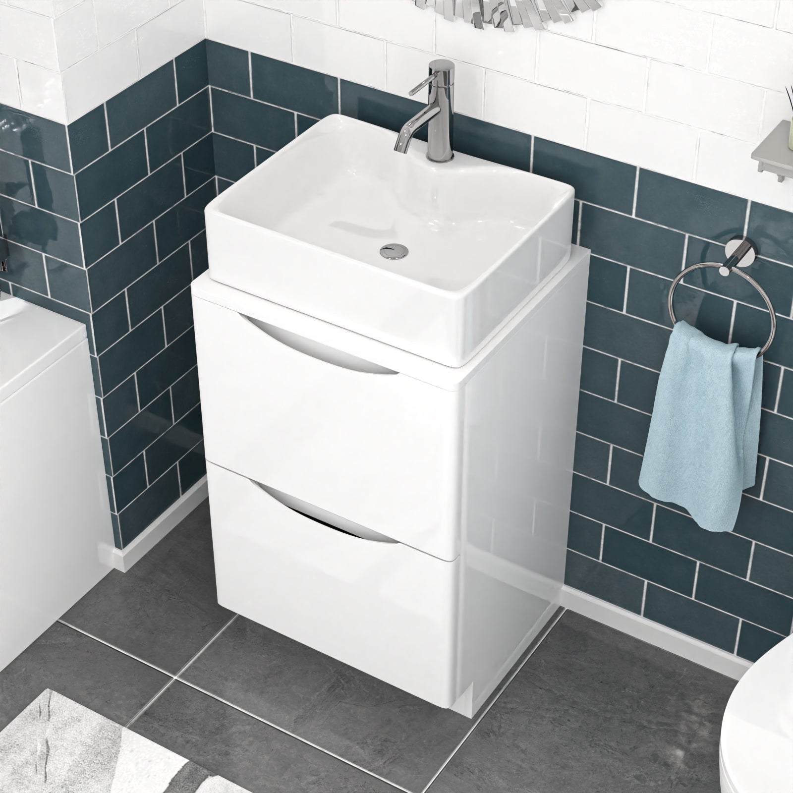 Merton 500mm White Freestanding Vanity Unit, Worktop With Square Bowl Basin