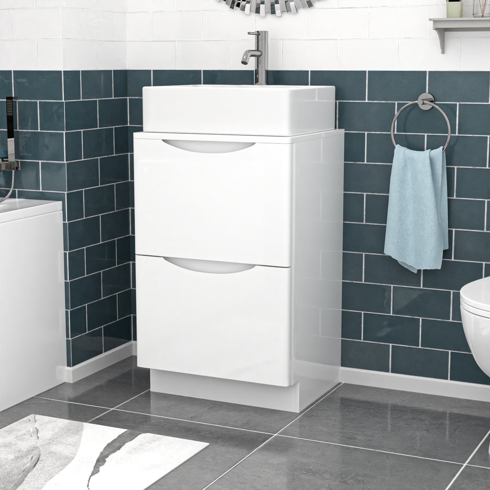 Merton 500mm White Freestanding Vanity Unit, Worktop With Square Bowl Basin