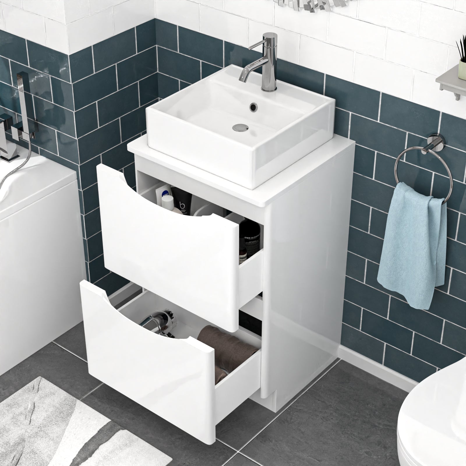 Merton 500mm White Freestanding 2 Drawers Vanity & Worktop With Square Basin