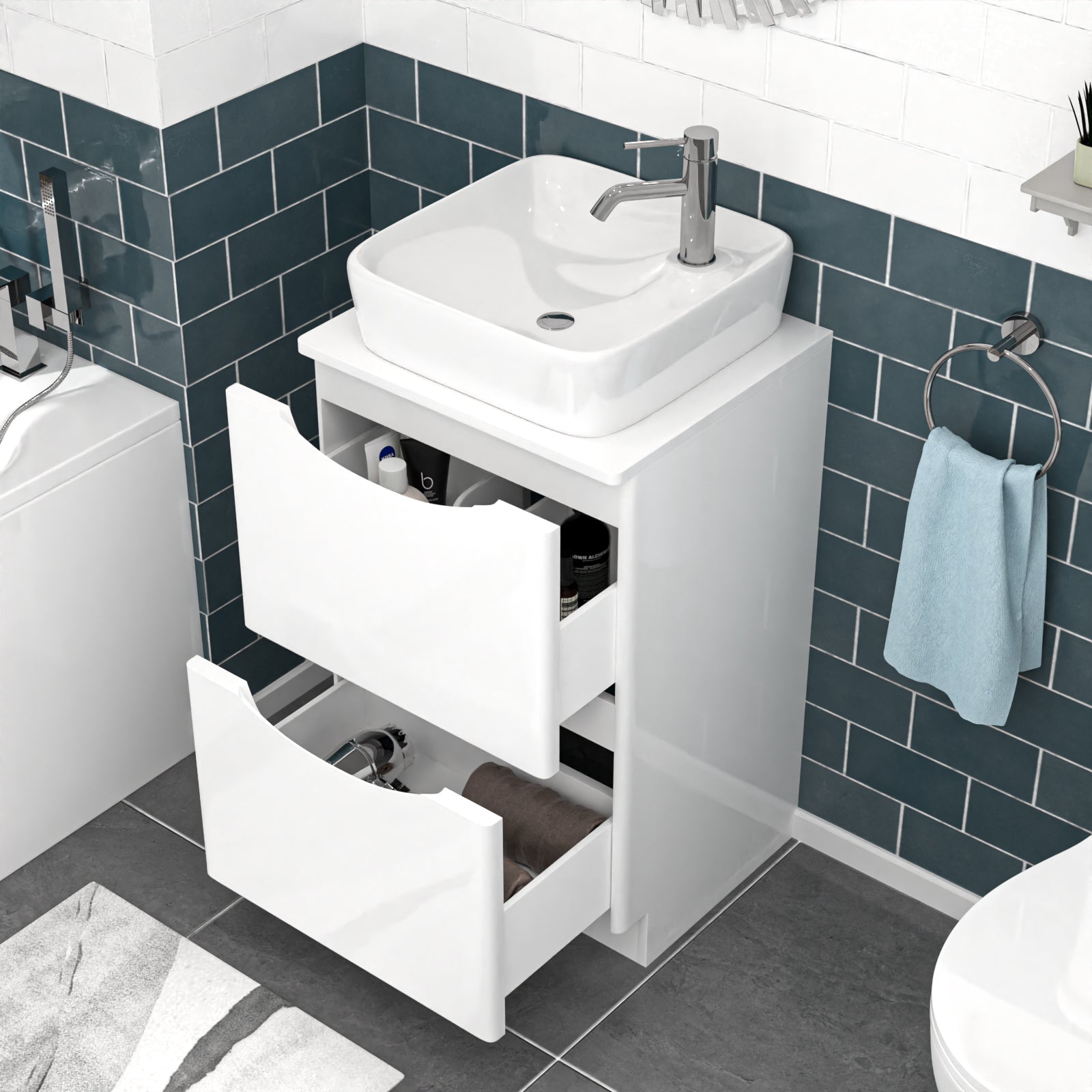 Merton 500mm White Drawers Vanity, Worktop & Square Rounded Corner Basin