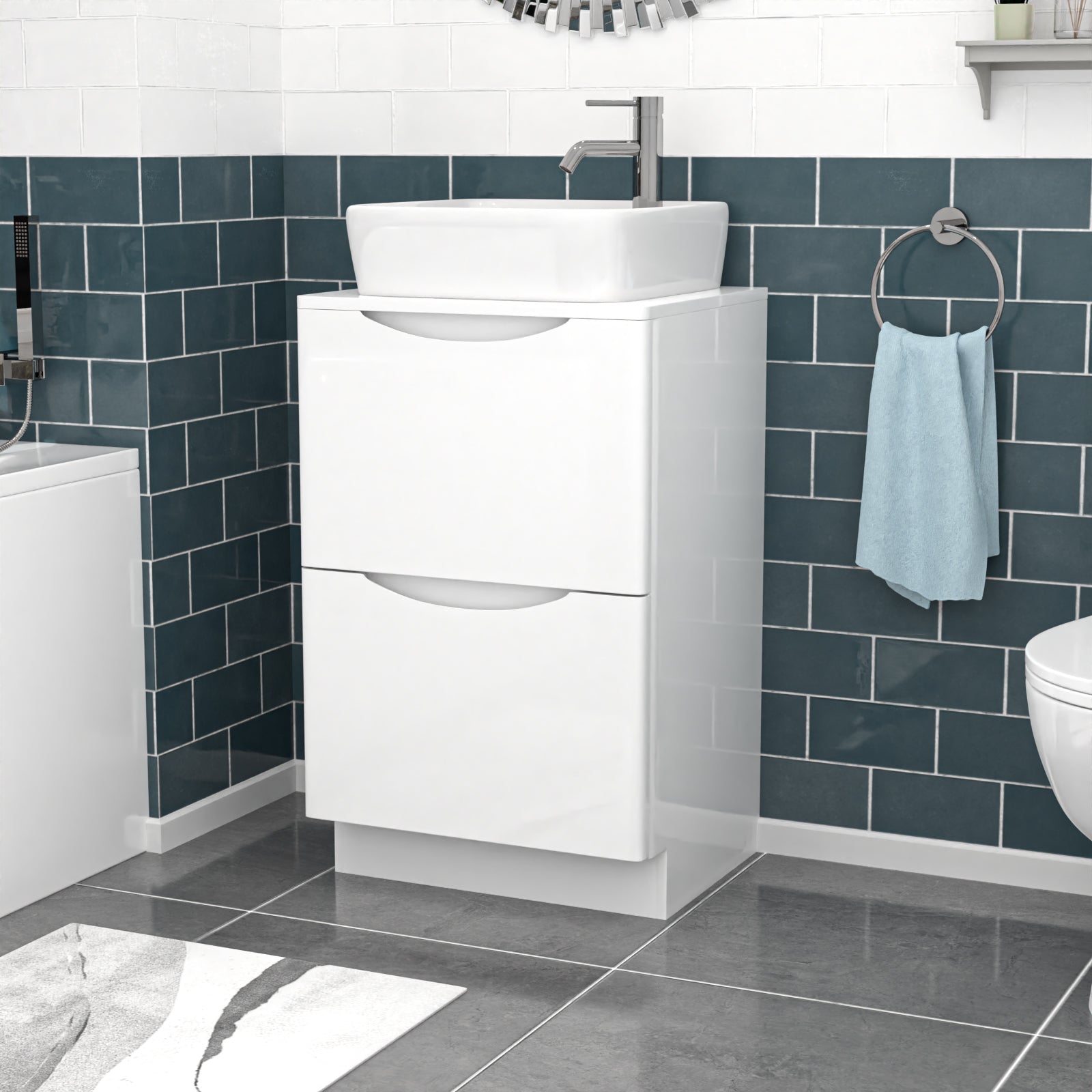 Merton 500mm White Drawers Vanity, Worktop & Square Rounded Corner Basin