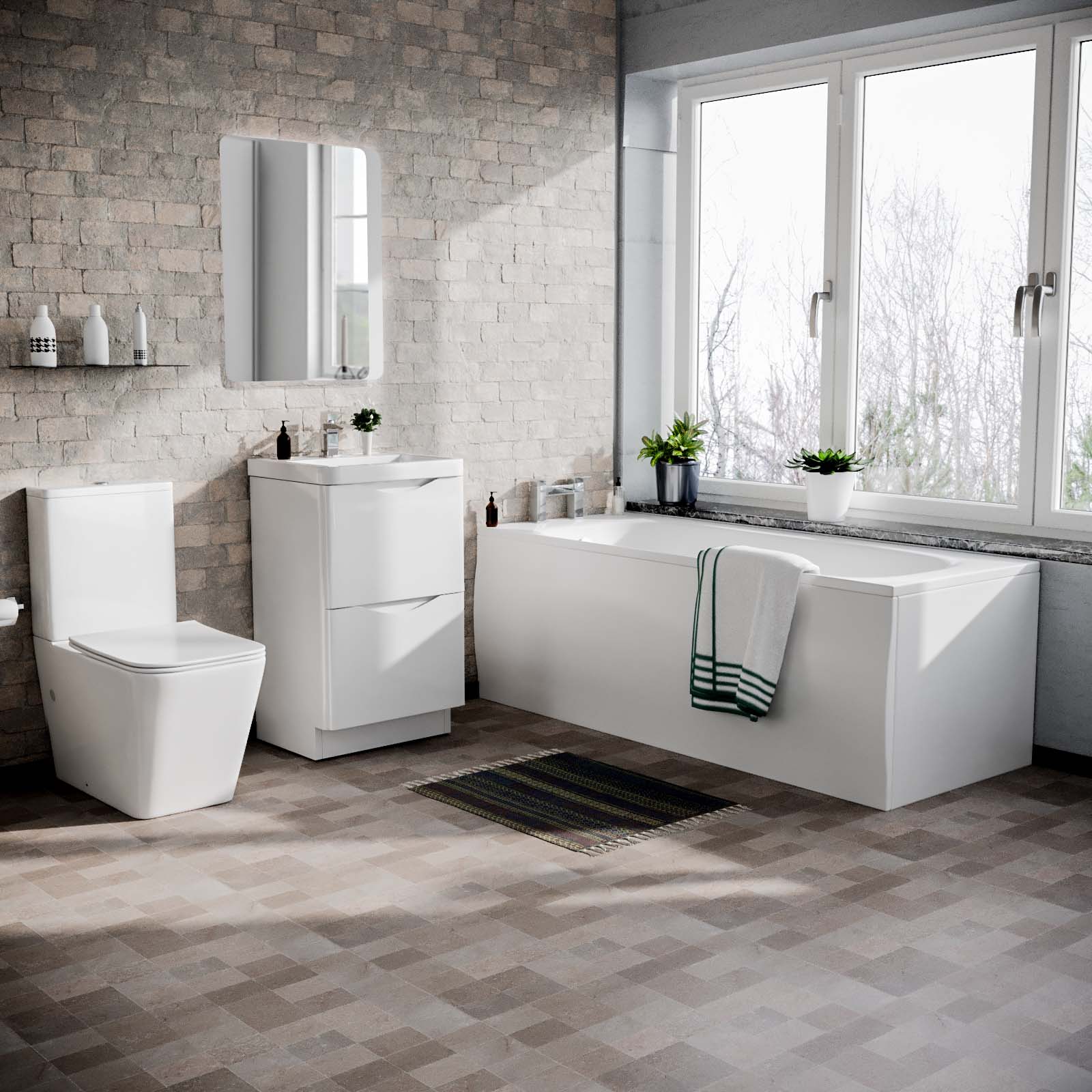 White 1700mm Bath 500mm Vanity Basin Unit with Modern Rimless Toilet