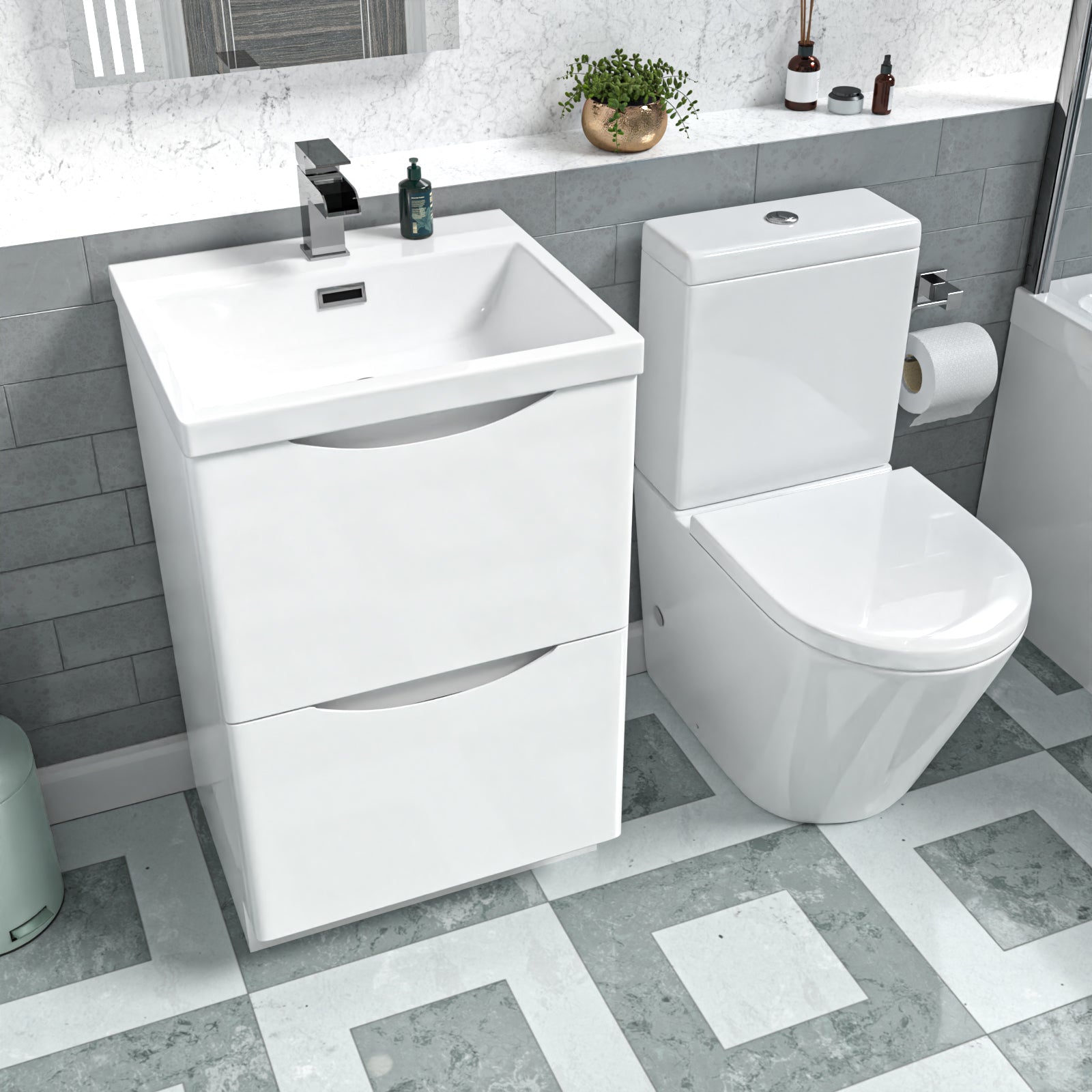 White 500mm Basin Vanity Unit + Rimless Close Coupled Toilet