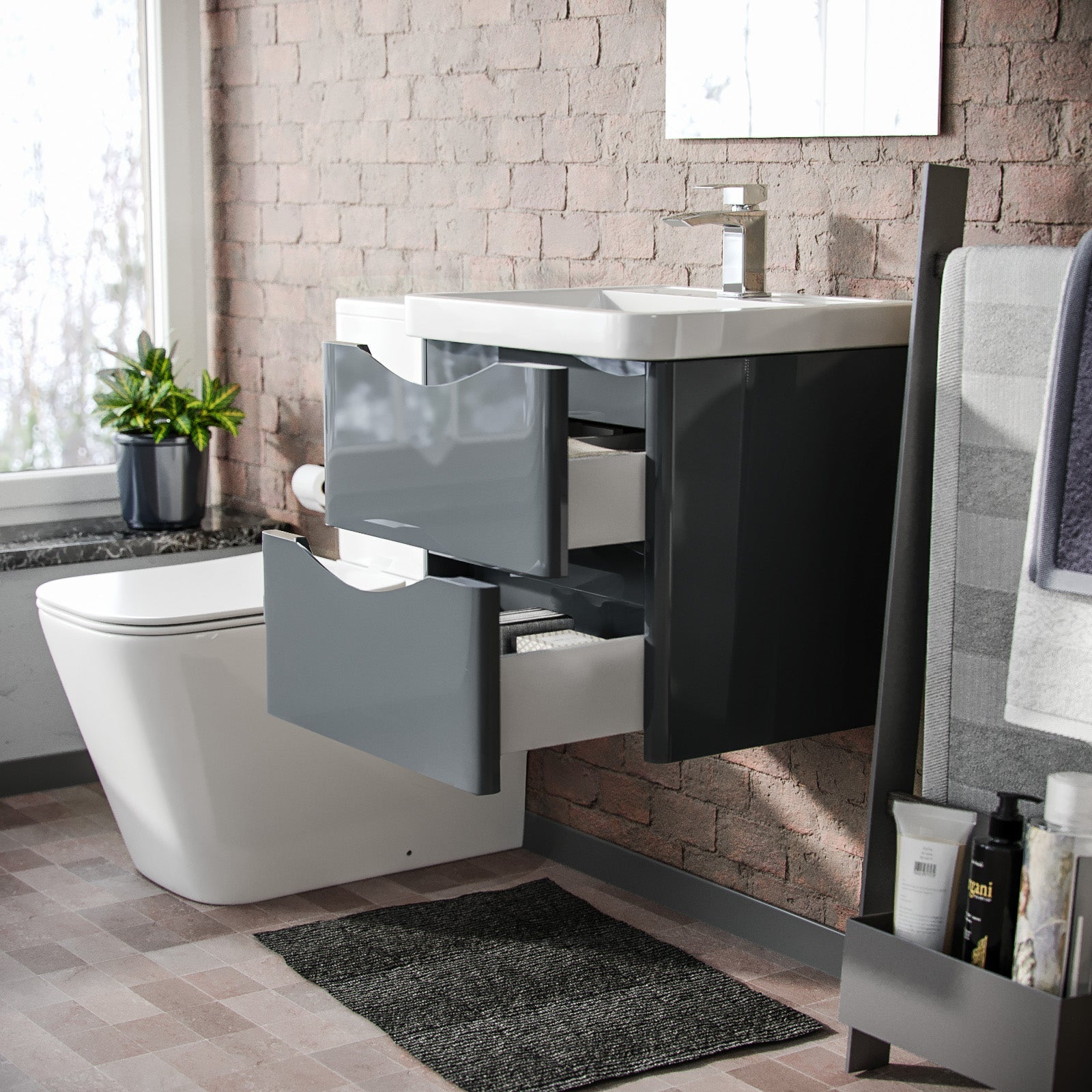 Merton 500mm Wall Hung Vanity Basin Unit & Square Rimless Close Coupled Toilet Grey