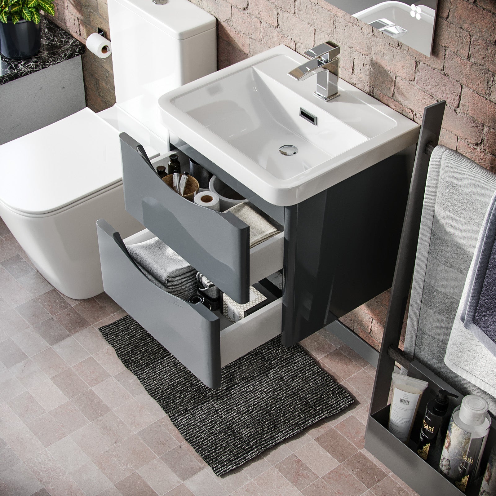 Merton 500mm Wall Hung Vanity Basin Unit & Square Rimless Close Coupled Toilet Grey