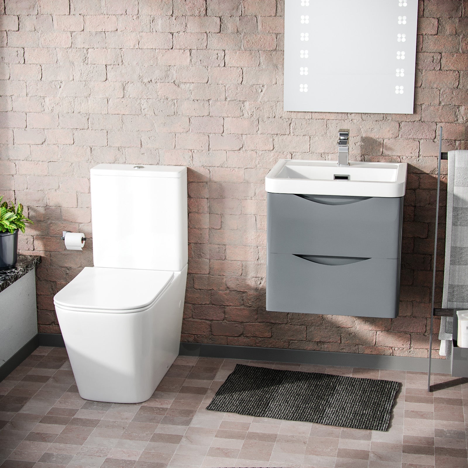 Merton 500mm Wall Hung Vanity Basin Unit & Square Rimless Close Coupled Toilet Grey